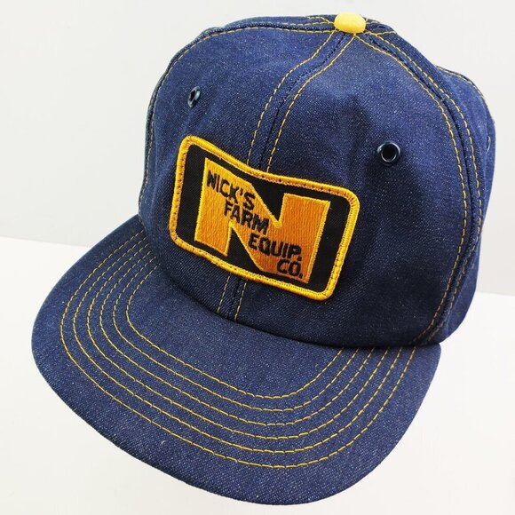 Denim Vintage Snapback Hat Nick's Farm Equip. Co. Embroidered Patch Made in USA - Picture 1 of 15